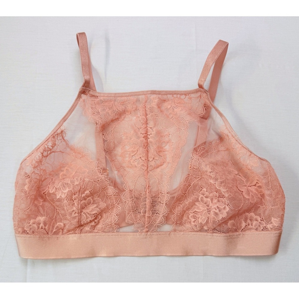 Soma Breathtaking High Neck Bralette Size Large Pink Lace‎ Sheer Mesh Lingerie